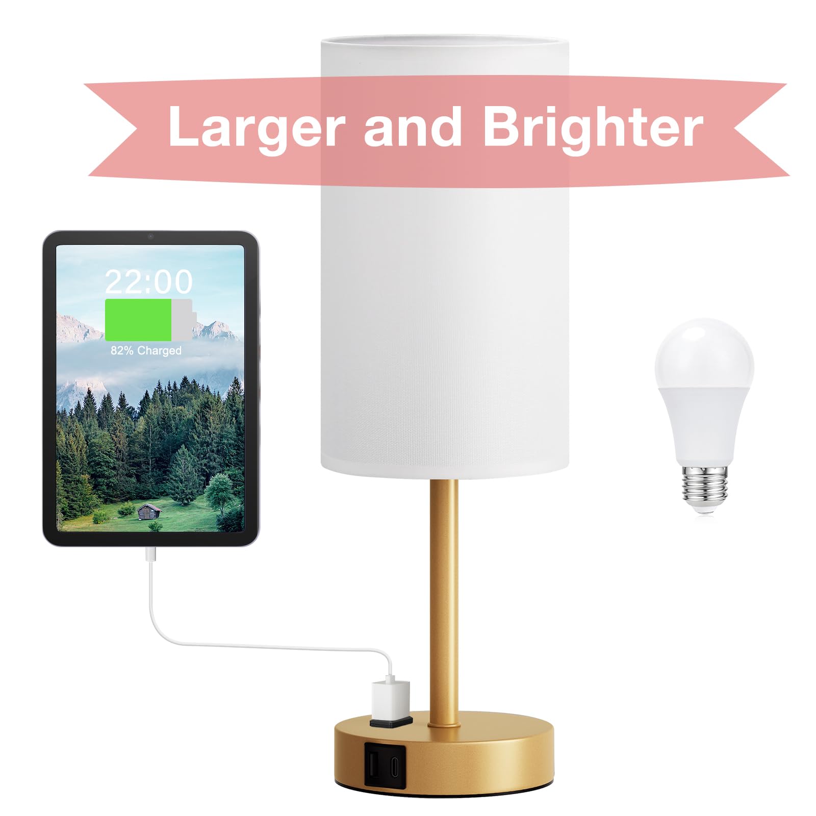 Fenmzee Gold Nightstand Lamp placed in a cozy bedroom setup