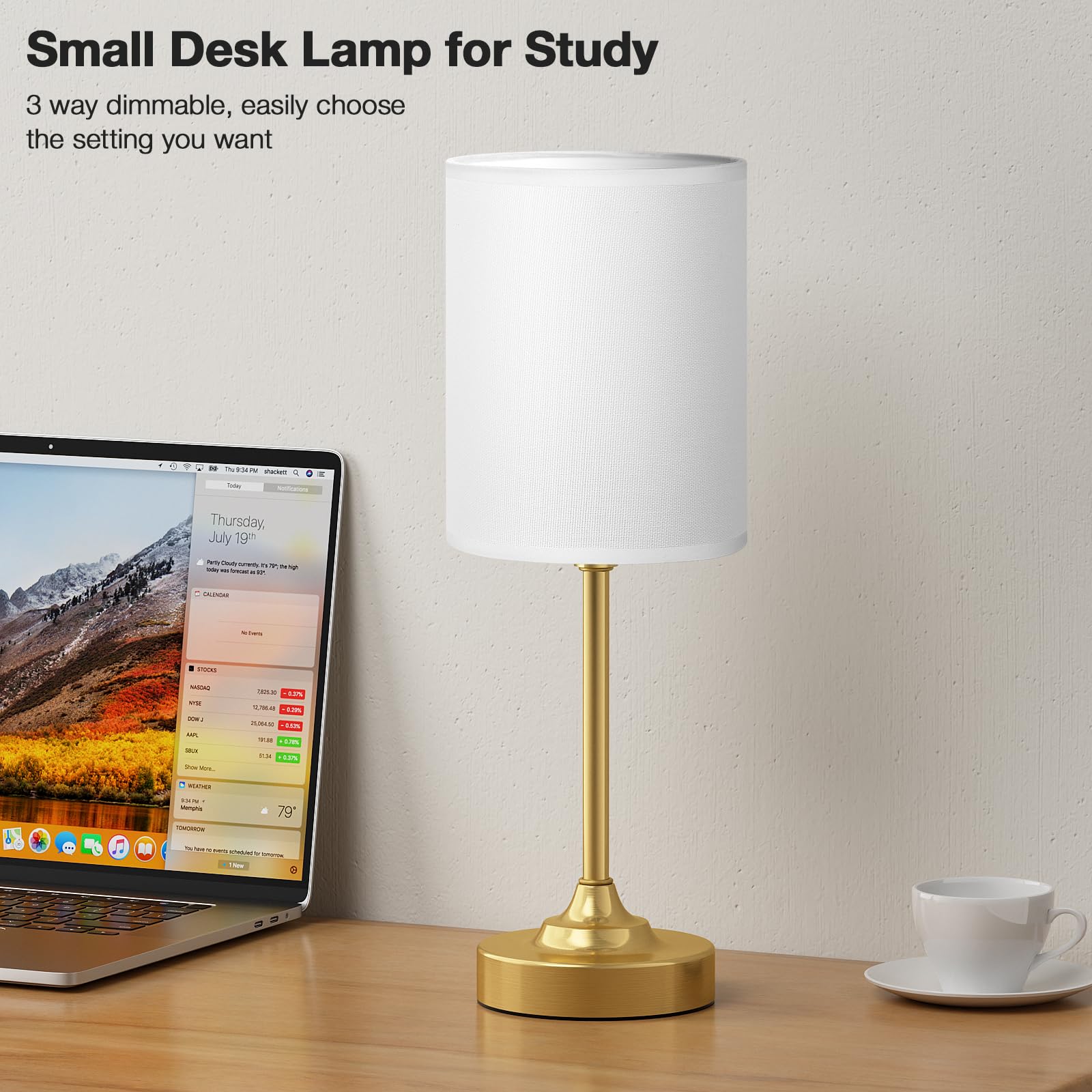 Touch control on the lamp base for quick on/off and brightness changes.