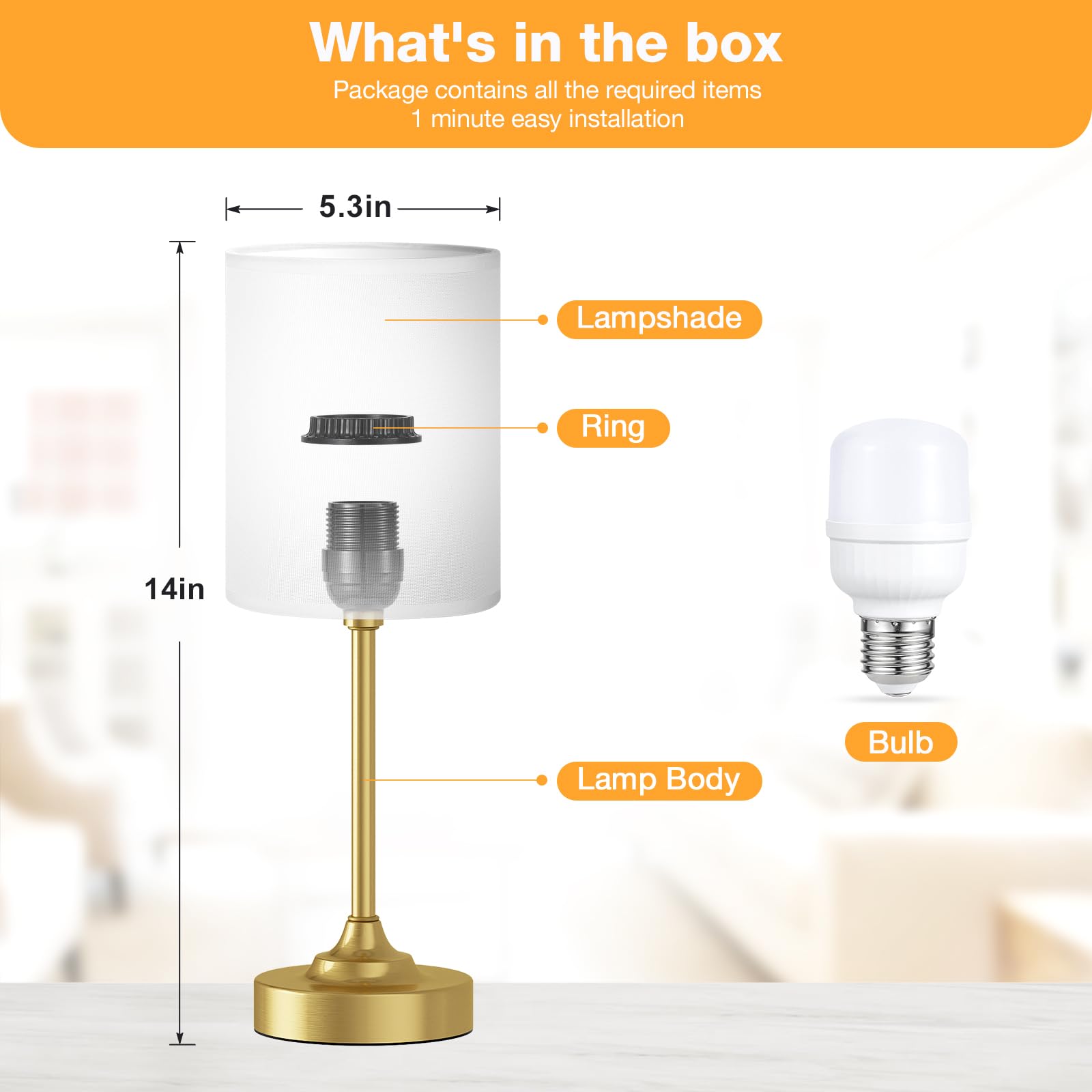 LED bulb included with Fenmzee Gold nightstand lamp for immediate use.