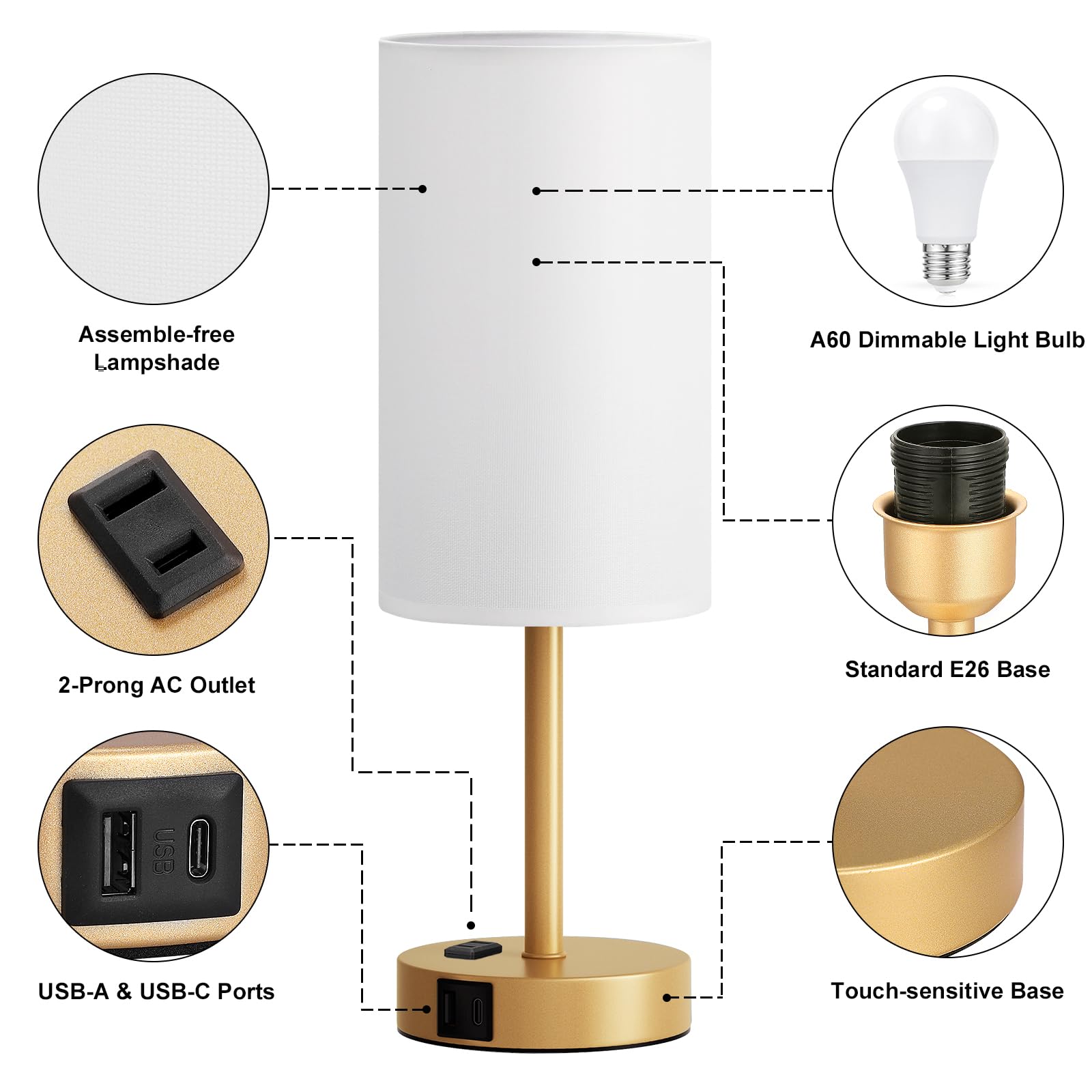 Fenmzee Gold Nightstand Lamp includes an 8W non-flicker LED bulb