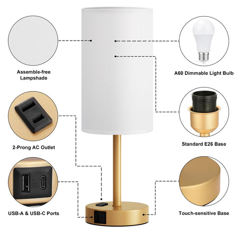 Fenmzee Gold Nightstand Lamp includes an 8W non-flicker LED bulb