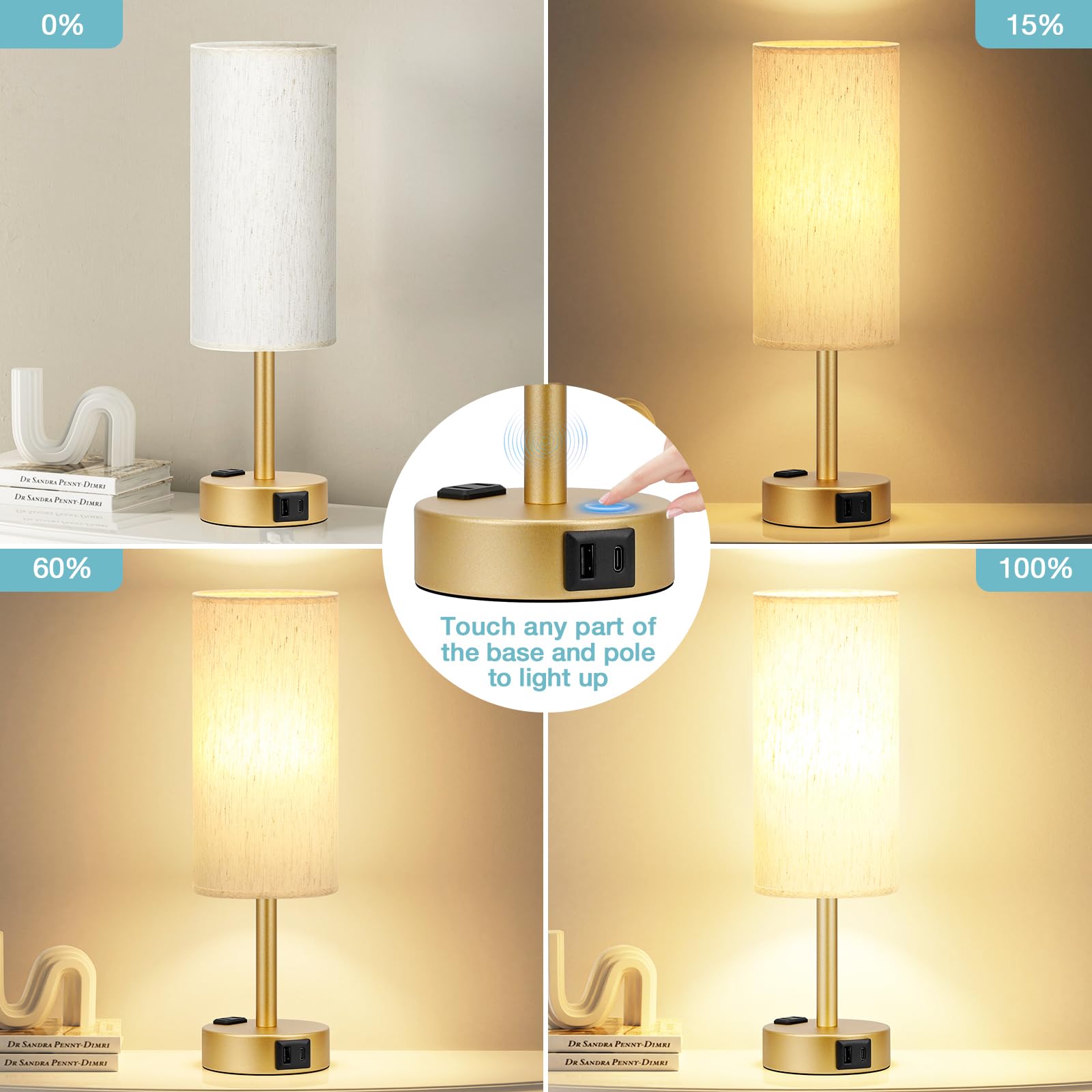Fenmzee Gold Nightstand Lamp linen shade adds cozy ambient lighting.