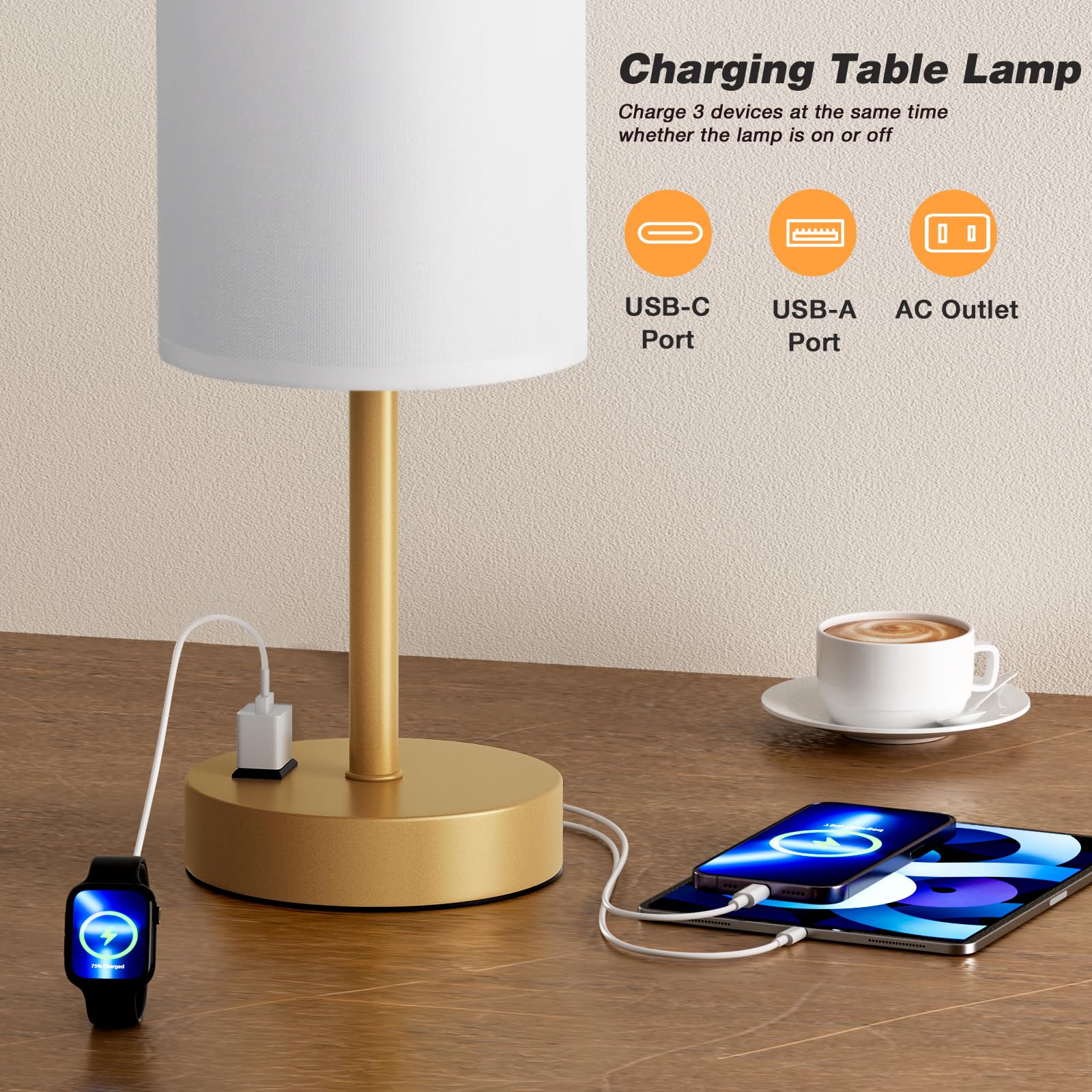 Fenmzee Gold Nightstand Lamp touch-control for easy dimming