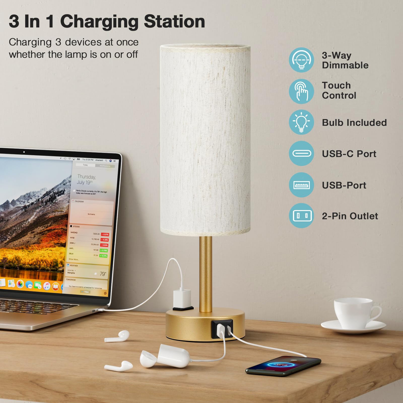 Fenmzee Gold Nightstand Lamp USB-C and USB-A ports for charging.