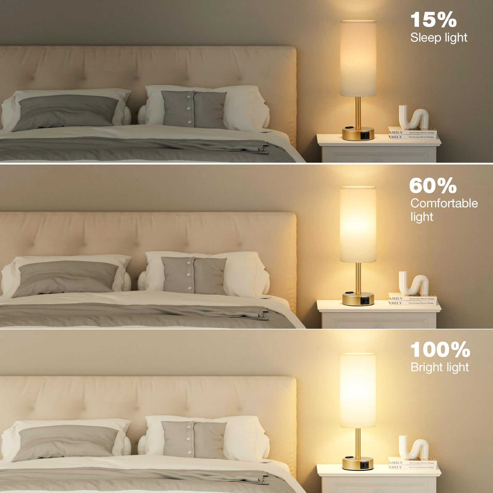 Fenmzee Gold Touch Lamp linen shade diffuses light for cozy reading.
