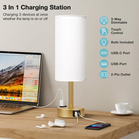 Fenmzee Gold Touch Lamp USB-C port enables bedside device charging.