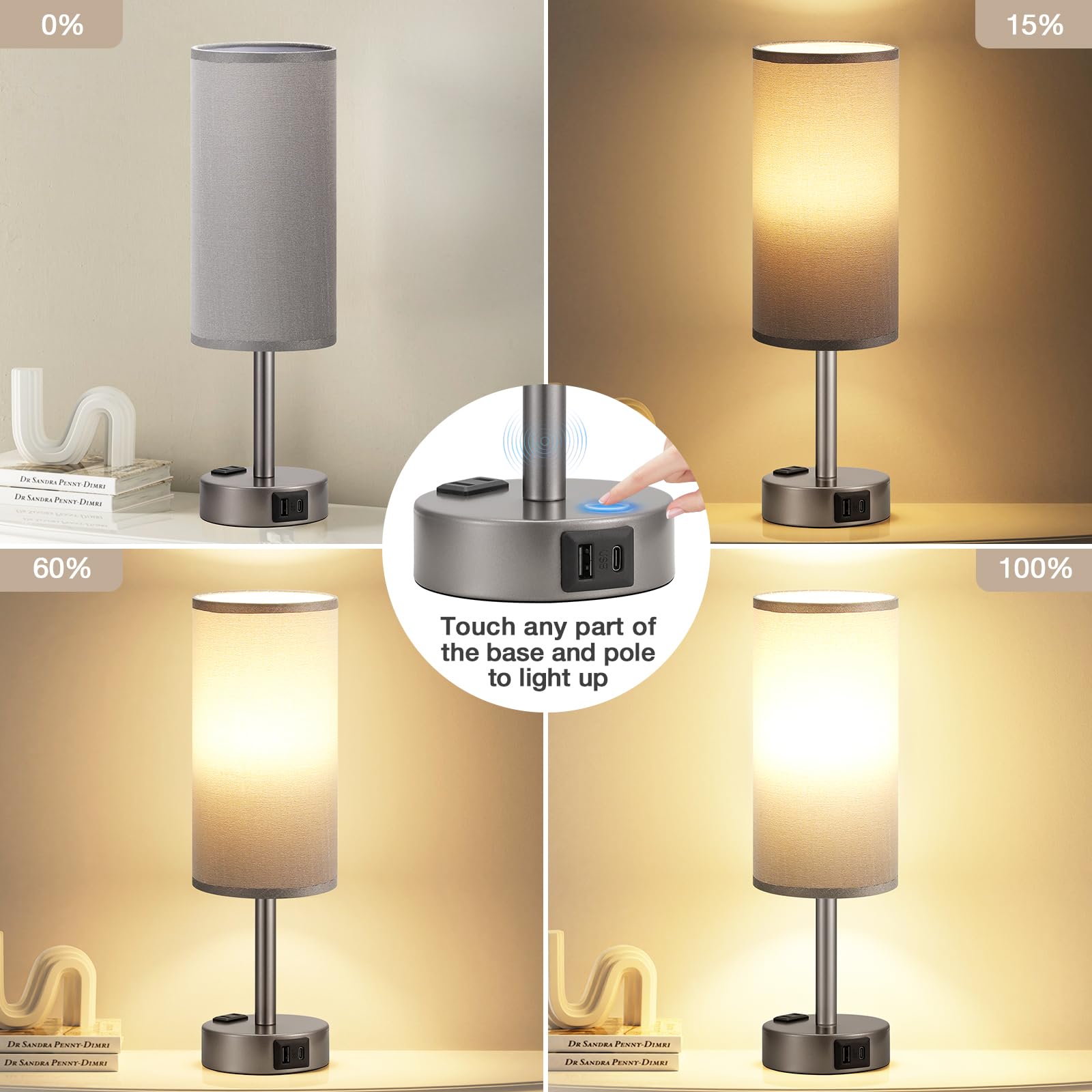 Fenmzee bedside lamp with AC outlet for extra power near the bed.