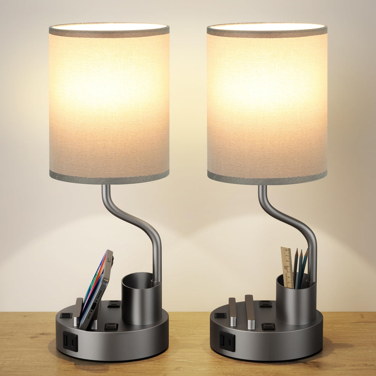 Fenmzee grey bedside lamp with AC outlets and USB ports for convenient charging.