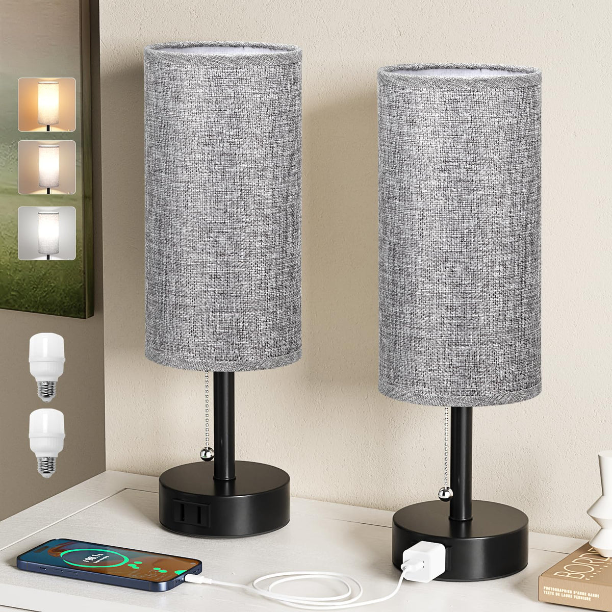 Fenmzee grey bedside lamp set showing color temperature options for warm, neutral, and cool light.