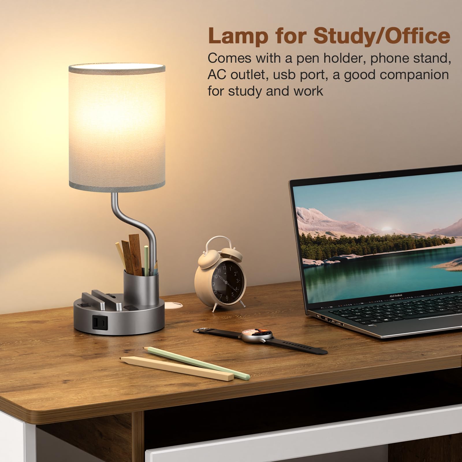 Fenmzee grey base lamp with white shade complements bedrooms, dorms, and home offices.