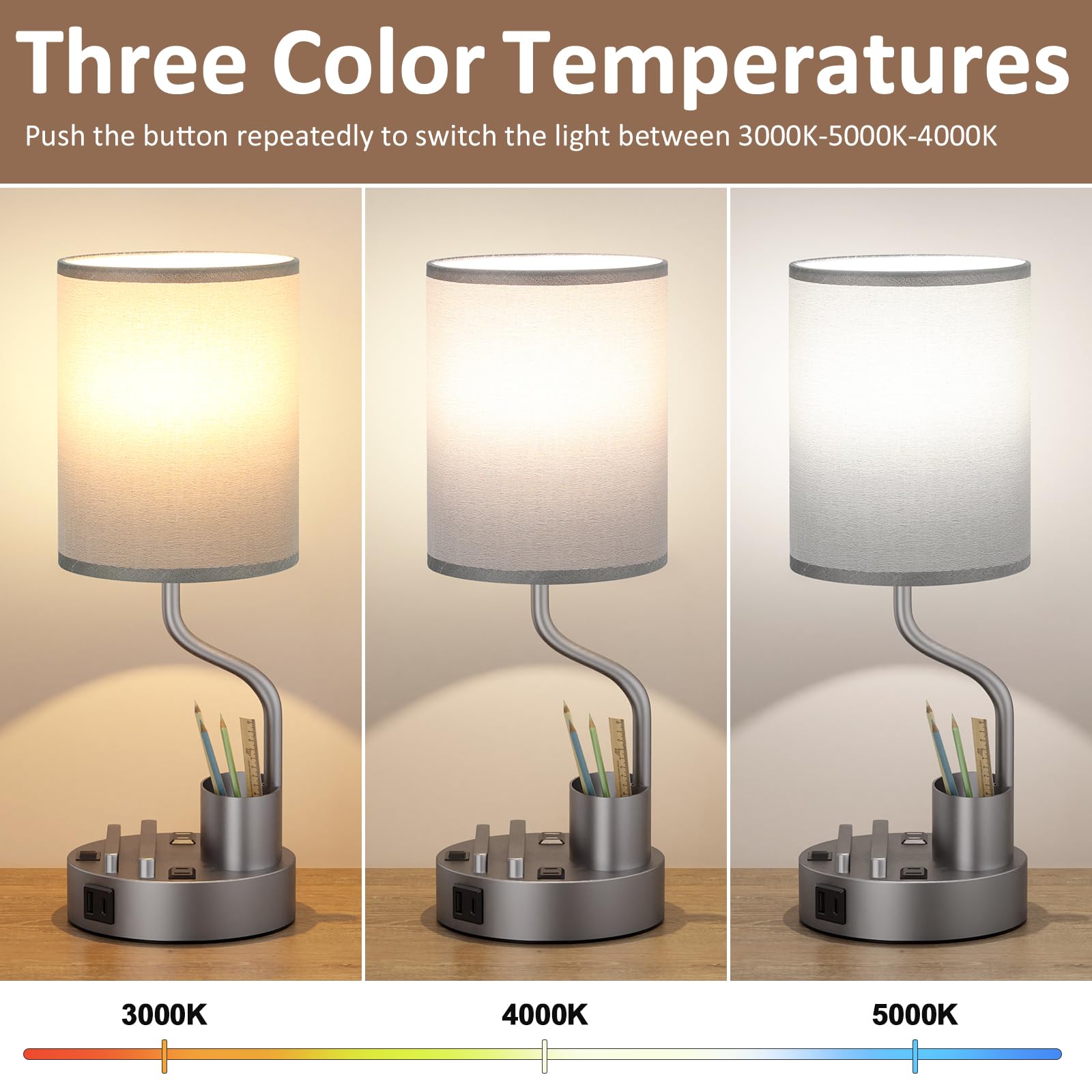 Fenmzee bedside lamp with three-color temperature options for different tasks.