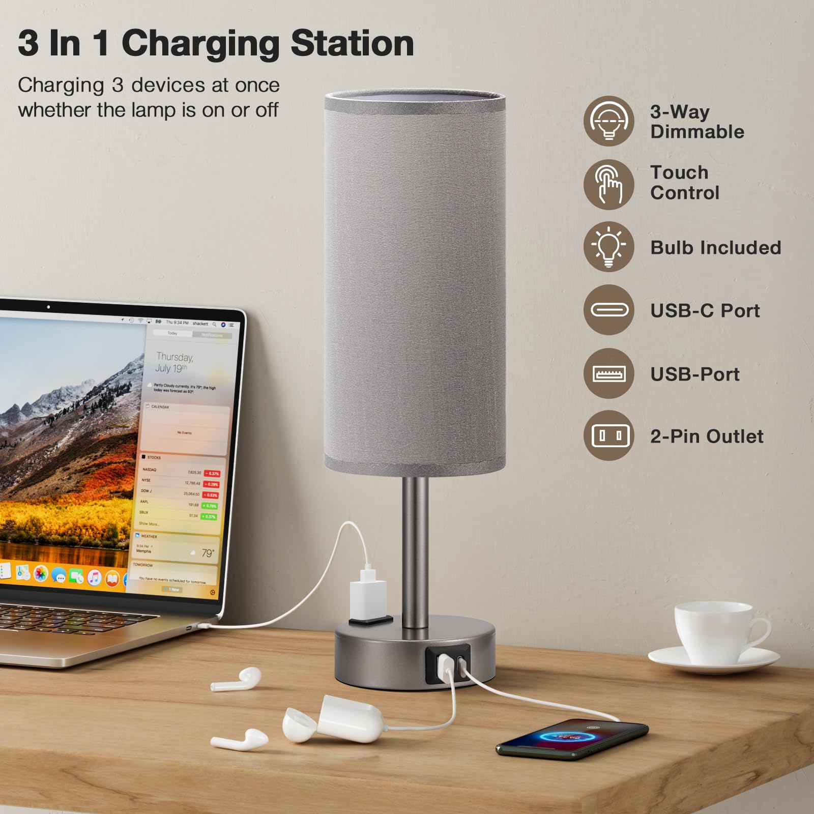 Fenmzee bedside lamp with USB-C port for fast device charging.