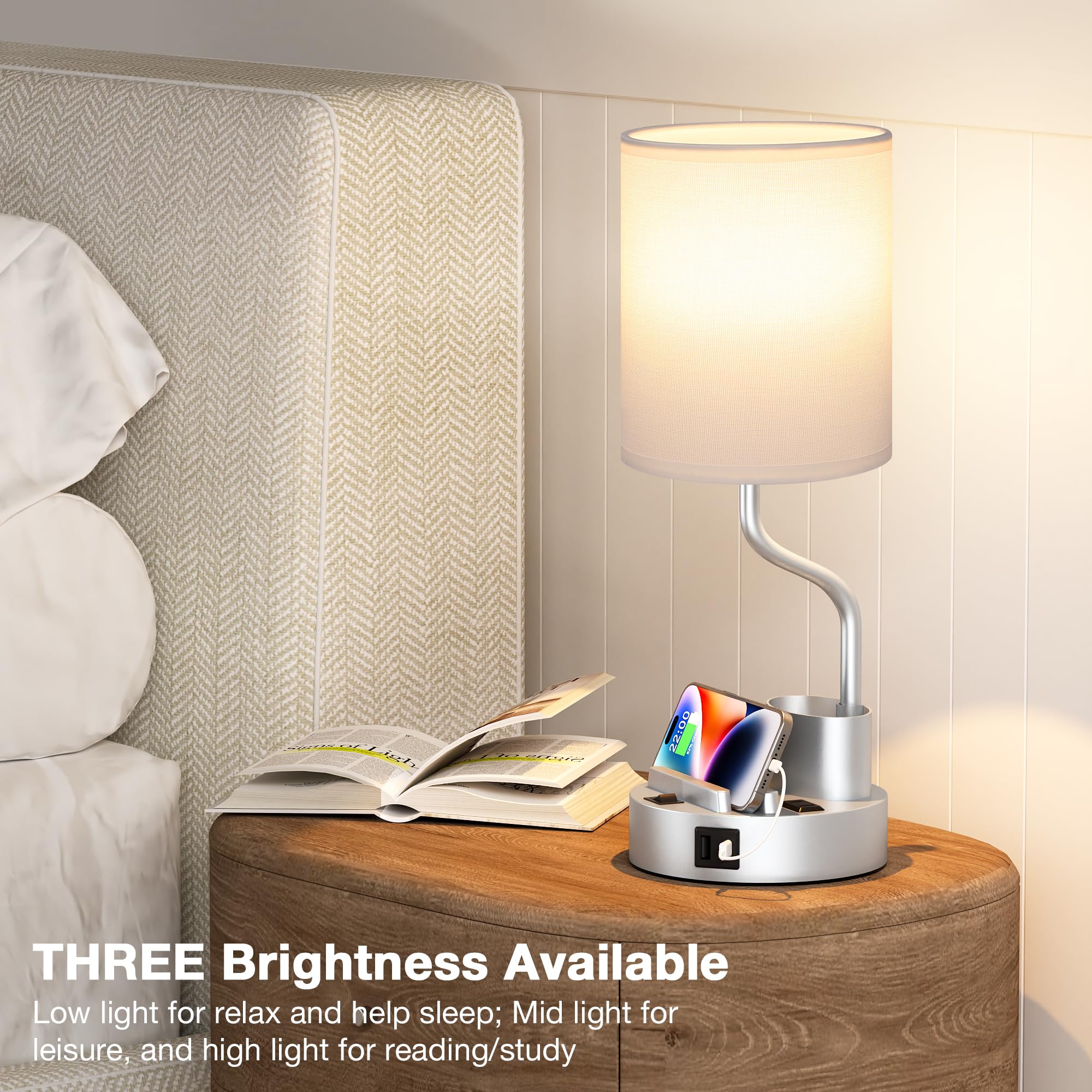 Fenmzee grey lamp with pen holder keeps small desk items organized.