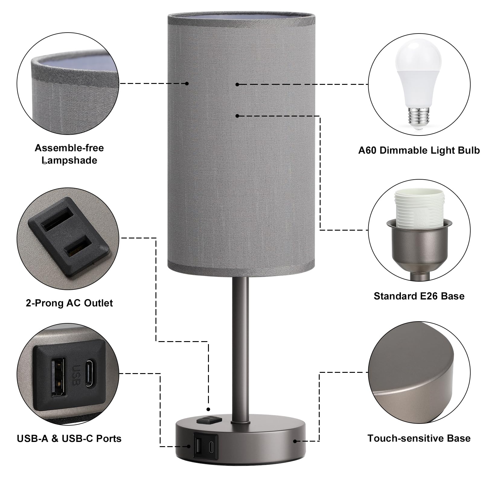 Fenmzee nightstand lamp includes a 9W no-flicker LED bulb for eye comfort.