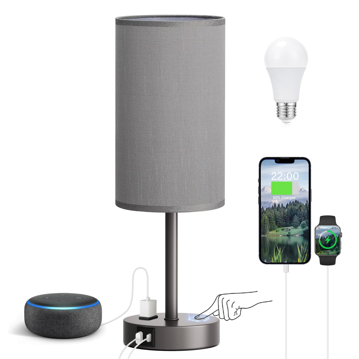Fenmzee grey nightstand lamp with base touch control for quick bedside lighting.