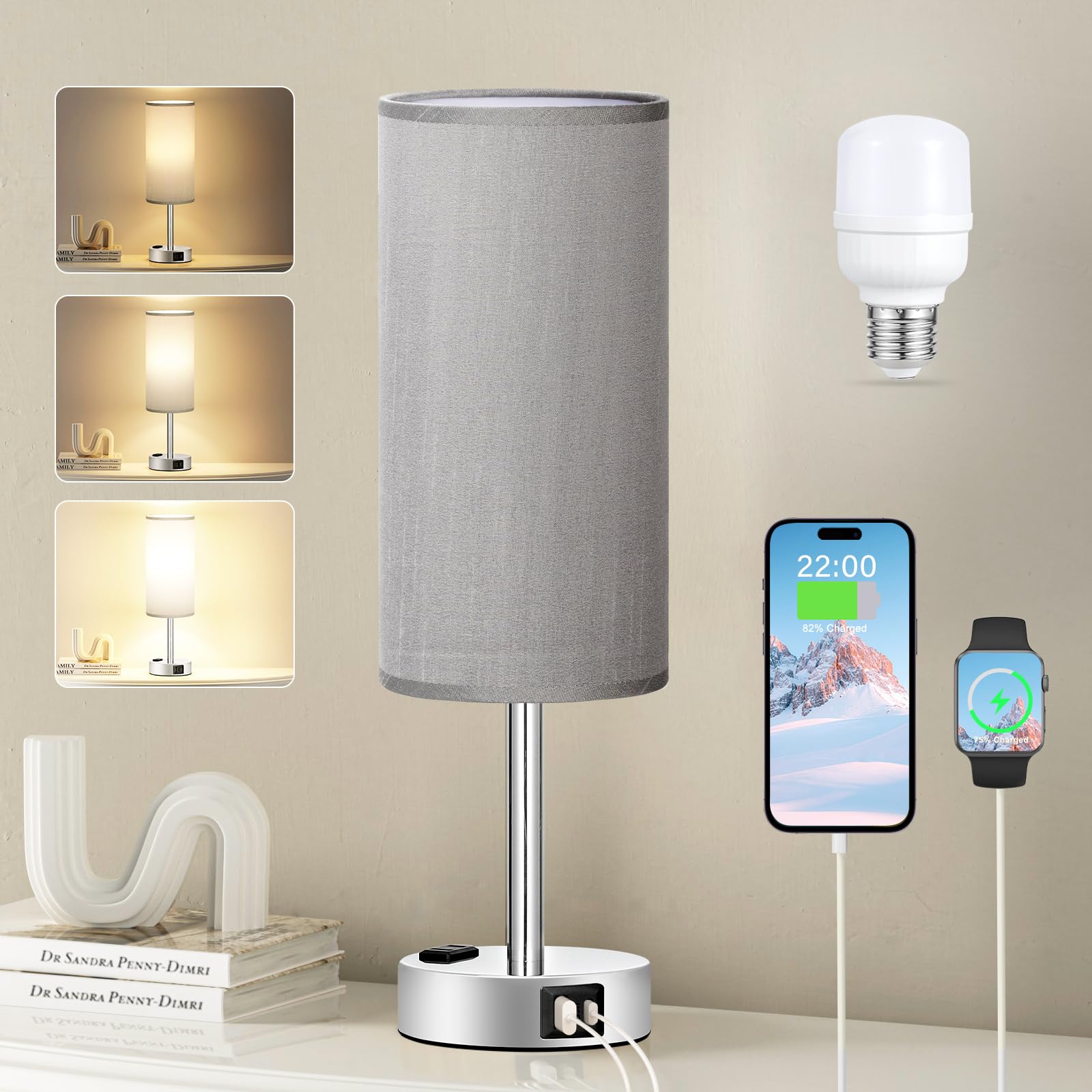 Fenmzee grey nightstand lamp base with silver finish for easy bedside lighting