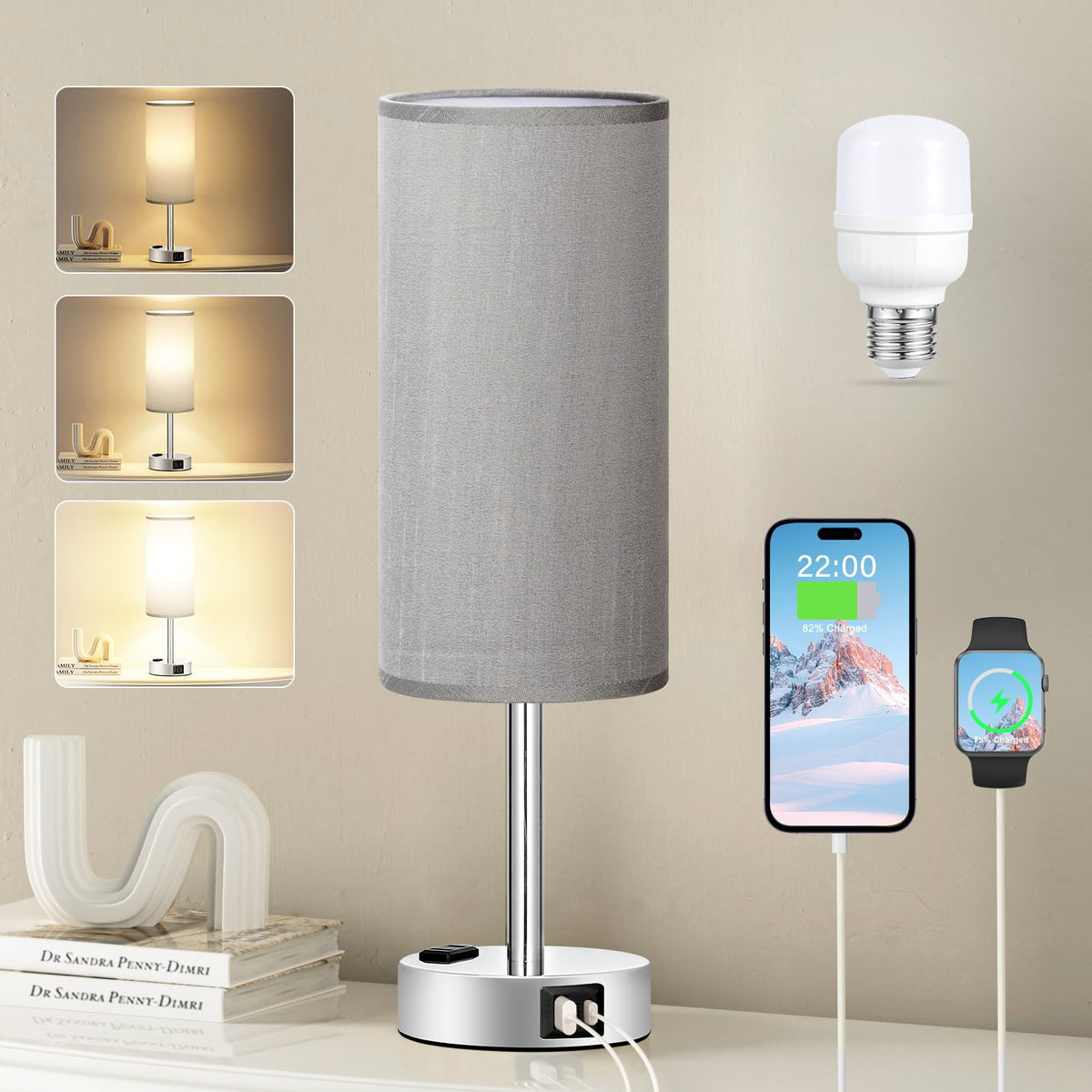 Fenmzee grey nightstand lamp base with silver finish for easy bedside lighting