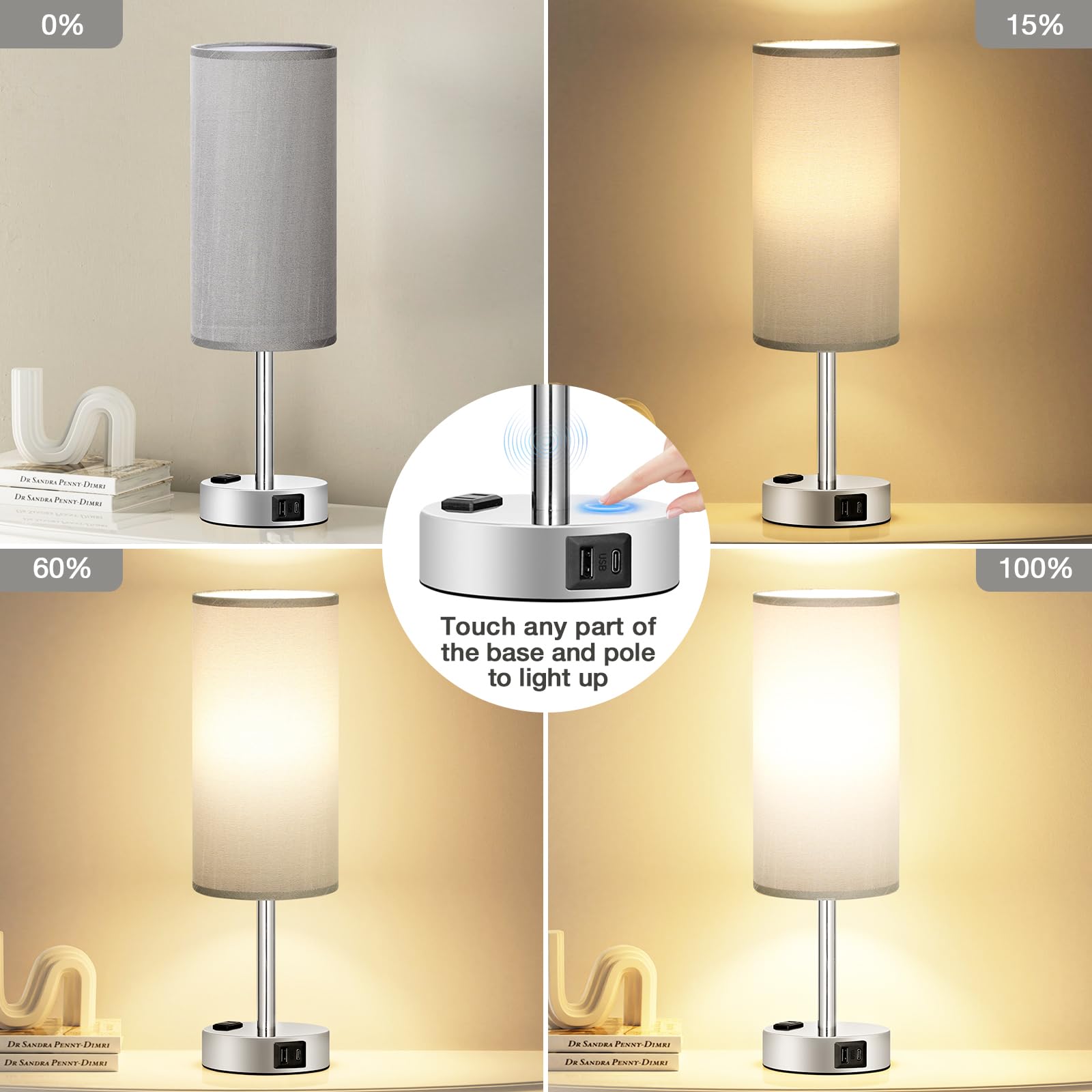 Fenmzee grey nightstand lamp dimmed-light setting for cozy nighttime reading