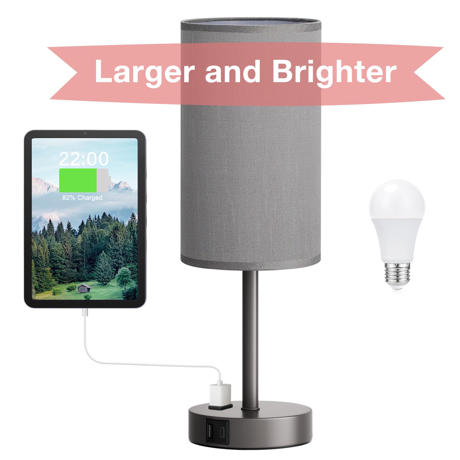 Fenmzee grey nightstand lamp designed for larger spaces like bedrooms or living rooms.