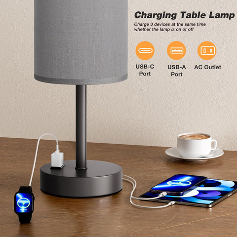 Fenmzee grey nightstand lamp with USB-A port for additional device charging.