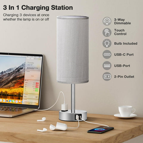 Fenmzee grey nightstand lamp with USB-C port for quick charging