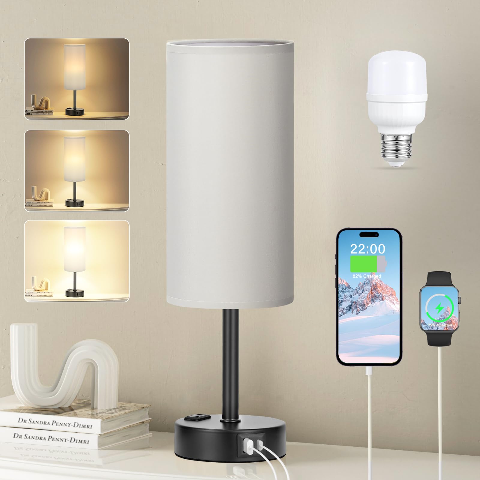 Fenmzee grey touch bedside lamp base shown for easy on/off at night