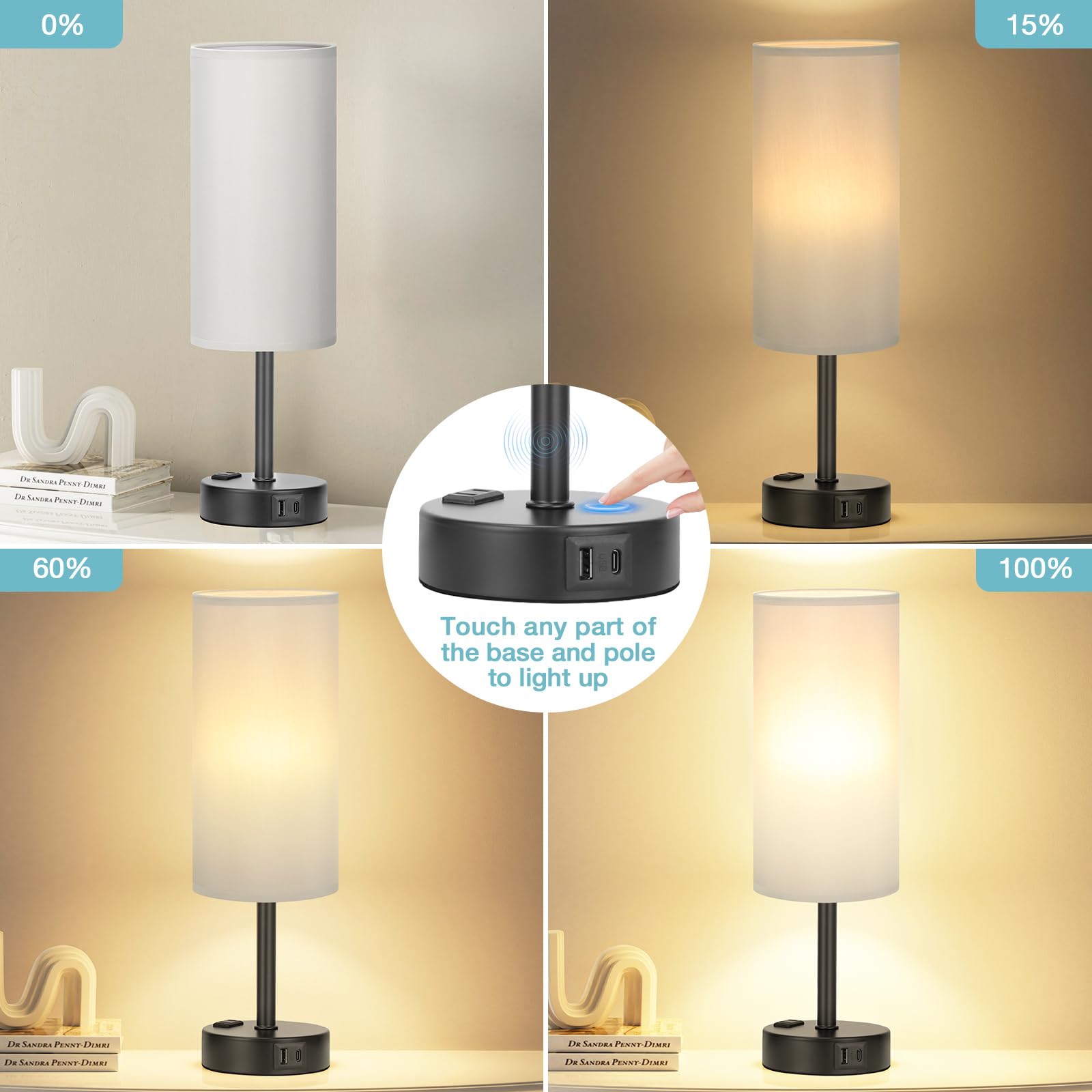 Fenmzee grey touch bedside lamp ports display USB-C USB-A and outlet