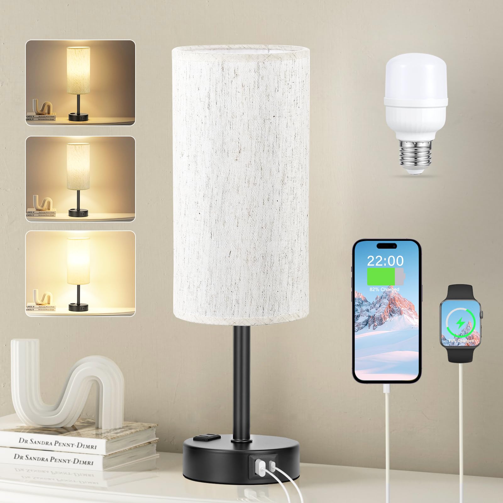 Fenmzee light beige table lamp with 3-way dimming for versatile bedside lighting.