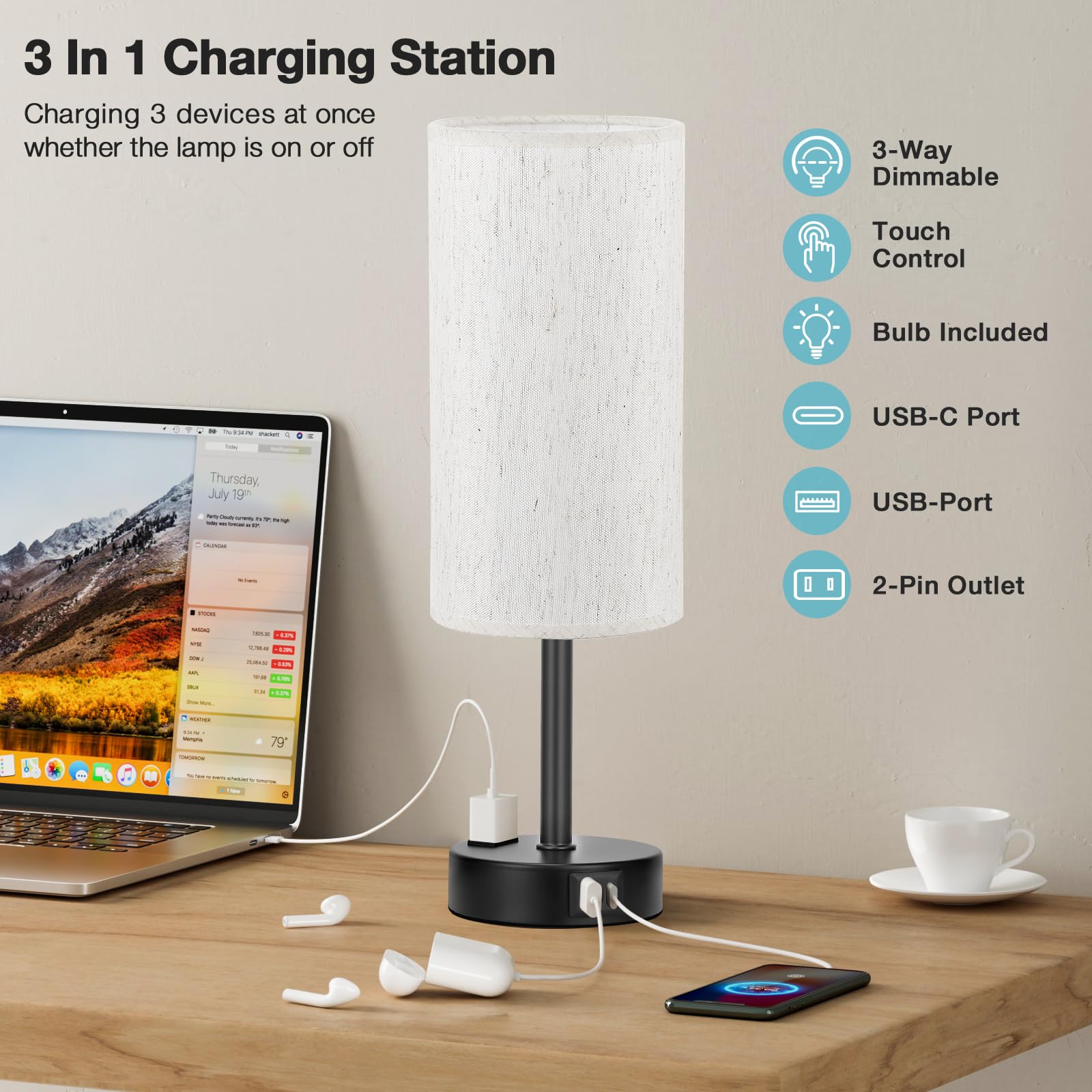 Fenmzee lamp rear with AC outlet for powering devices at bedside.
