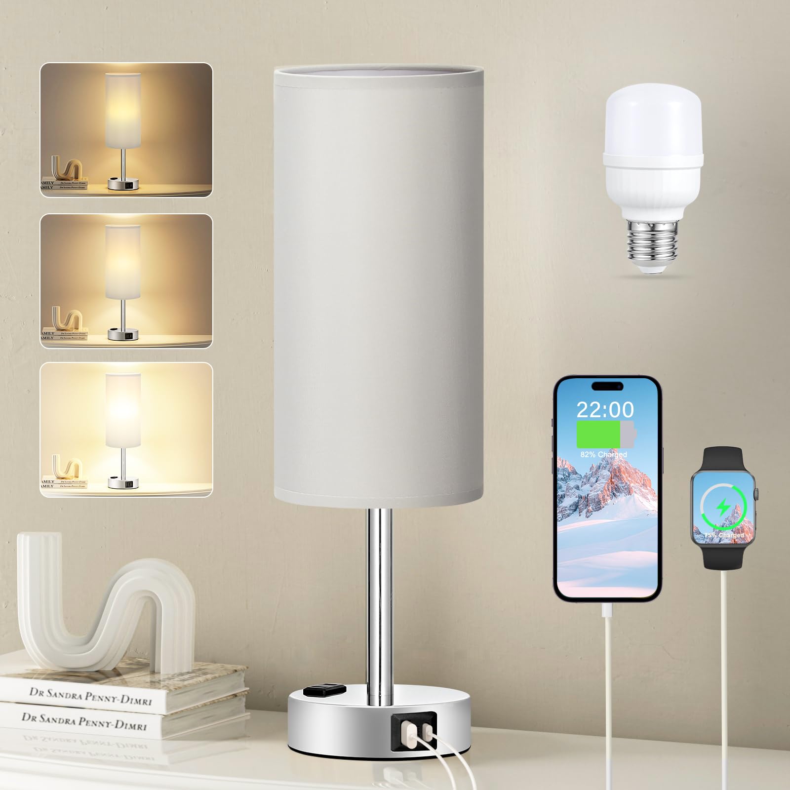 Fenmzee light grey table lamp on nightstand with touch-dimming for mood lighting