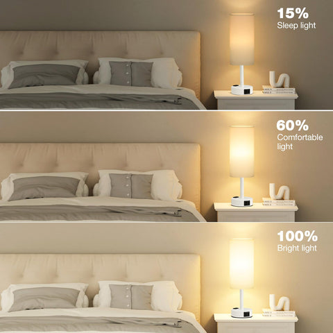 Fenmzee bedside lamp integrated 120V outlet keeps devices powered nearby.