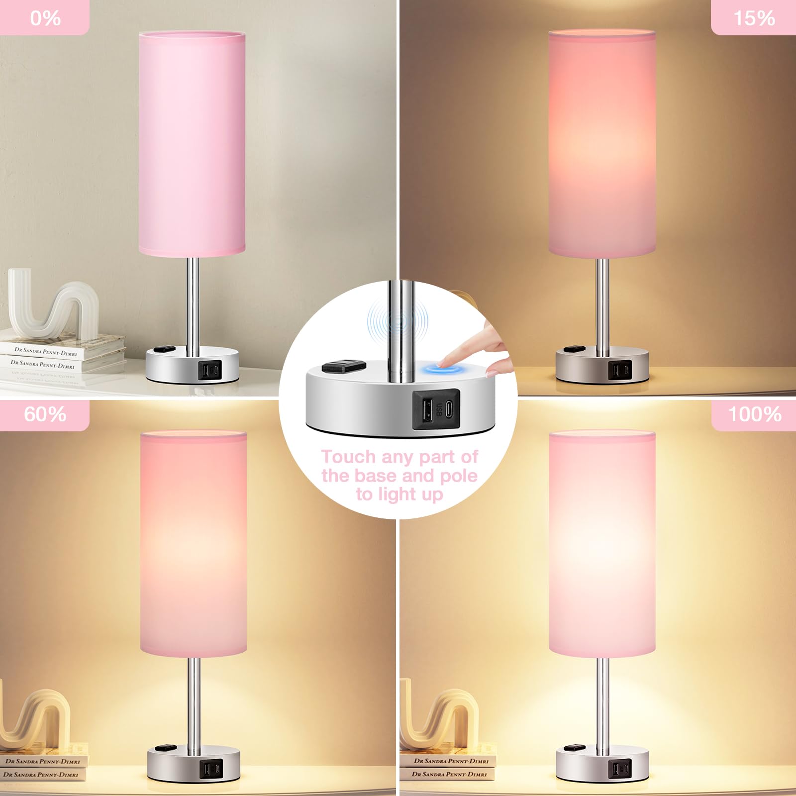 Fenmzee pink lamp showing USB-C port for device charging