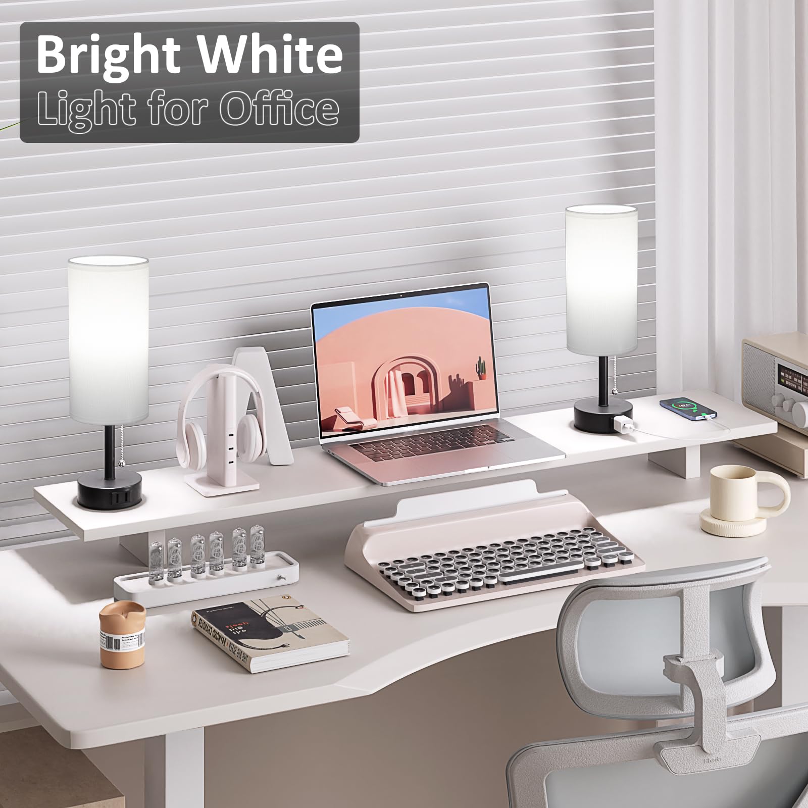 Fenmzee round night-stand lamps soften light with fabric shade to reduce glare.
