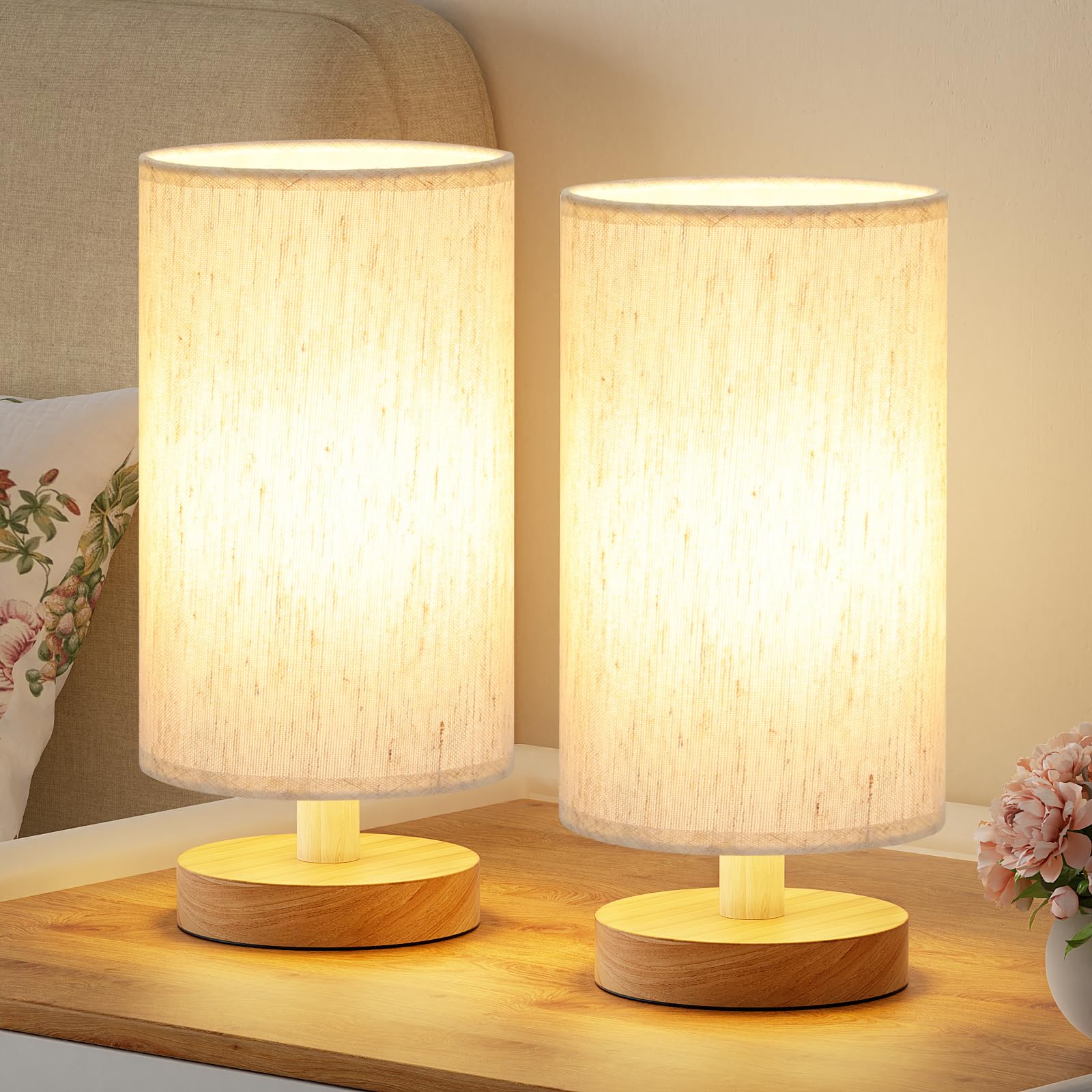 Fenmzee small lamps set of 2 with cream shade and wood base for bedside ambiance