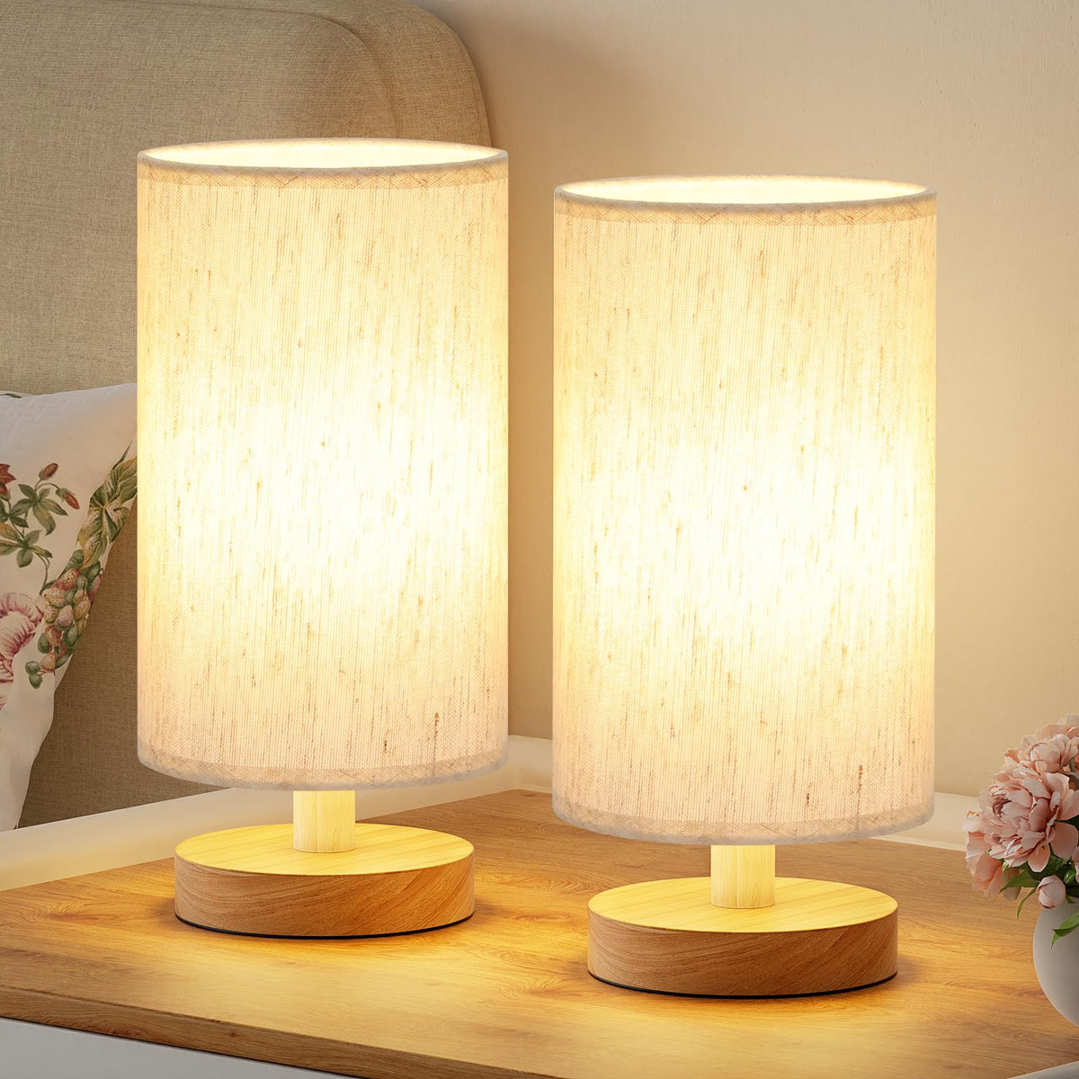 Fenmzee small lamps set of 2 with cream shade and wood base for bedside ambiance