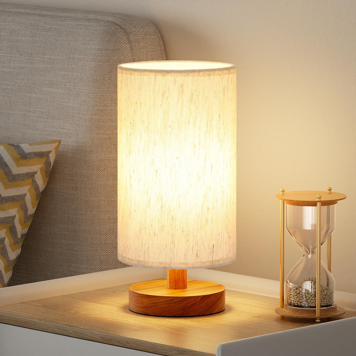 Fenmzee small table lamp with cream shade and walnut base, ideal for cozy bedside lighting.