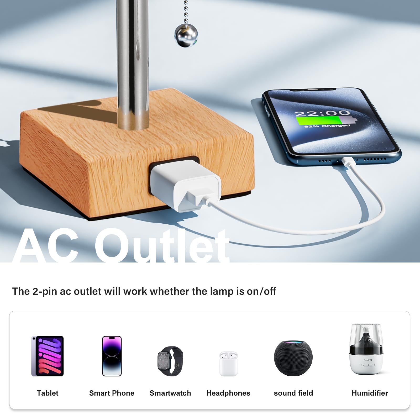 Fenmzee table lamp showing built-in AC outlet for convenient charging nearby.