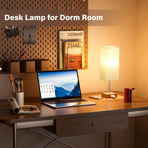 Fenmzee table lamp showcasing square flaxen fabric shades blending with decor.