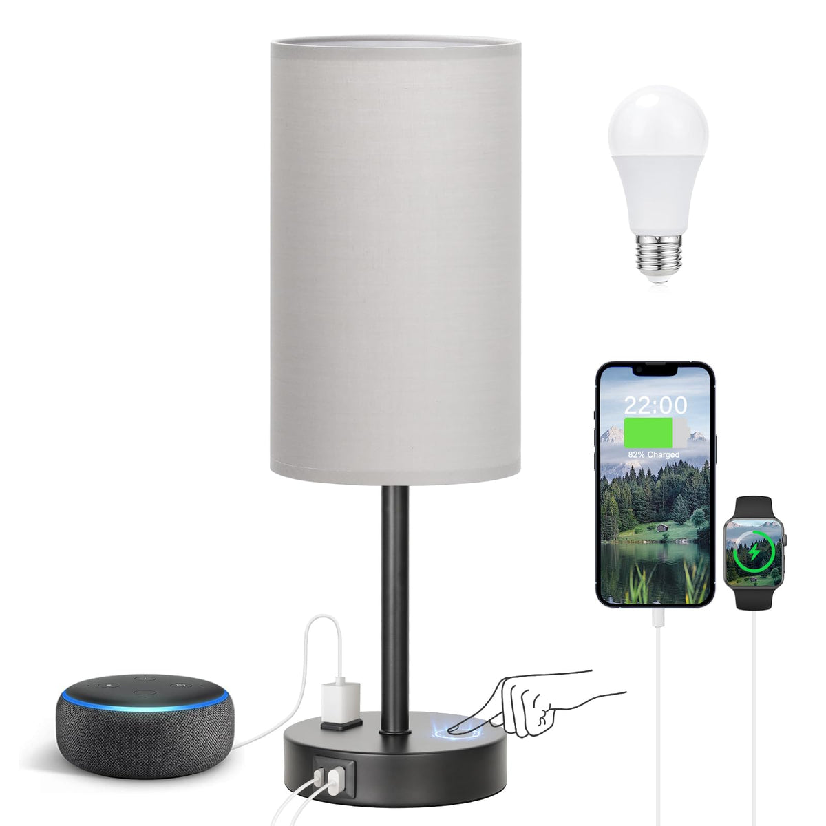 Fenmzee touch bedroom lamp grey with base on for stable bedside lighting