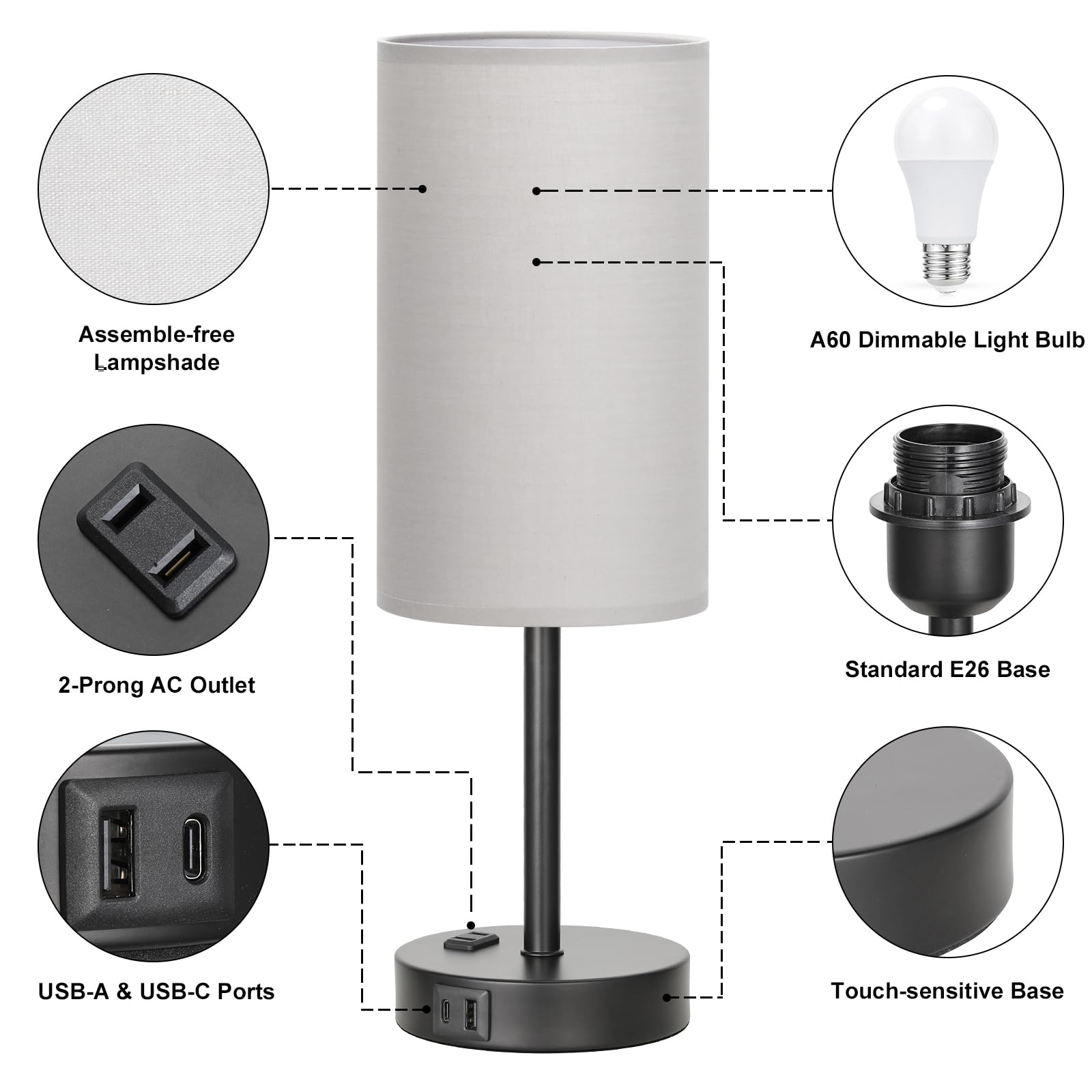 Fenmzee grey lamp with outlet ready to power multiple devices nearby