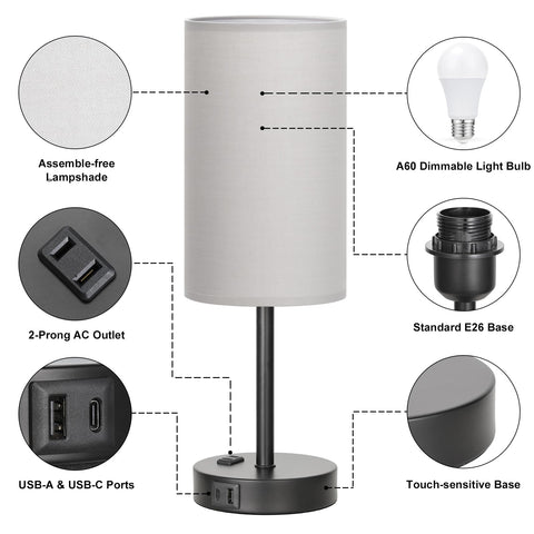 Fenmzee grey lamp with outlet ready to power multiple devices nearby
