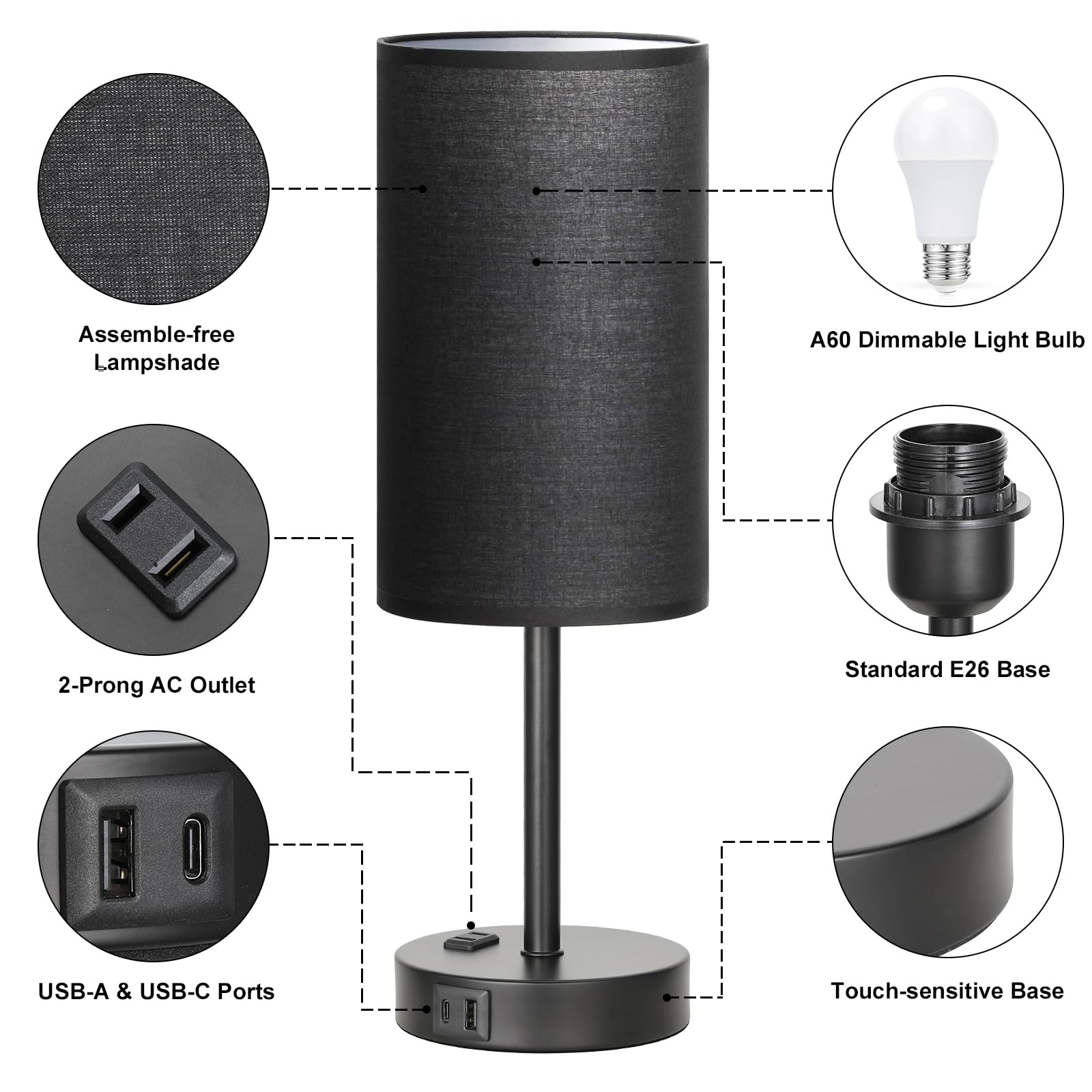 Fenmzee Touch Nightstand Lamp AC outlet provides convenient power access