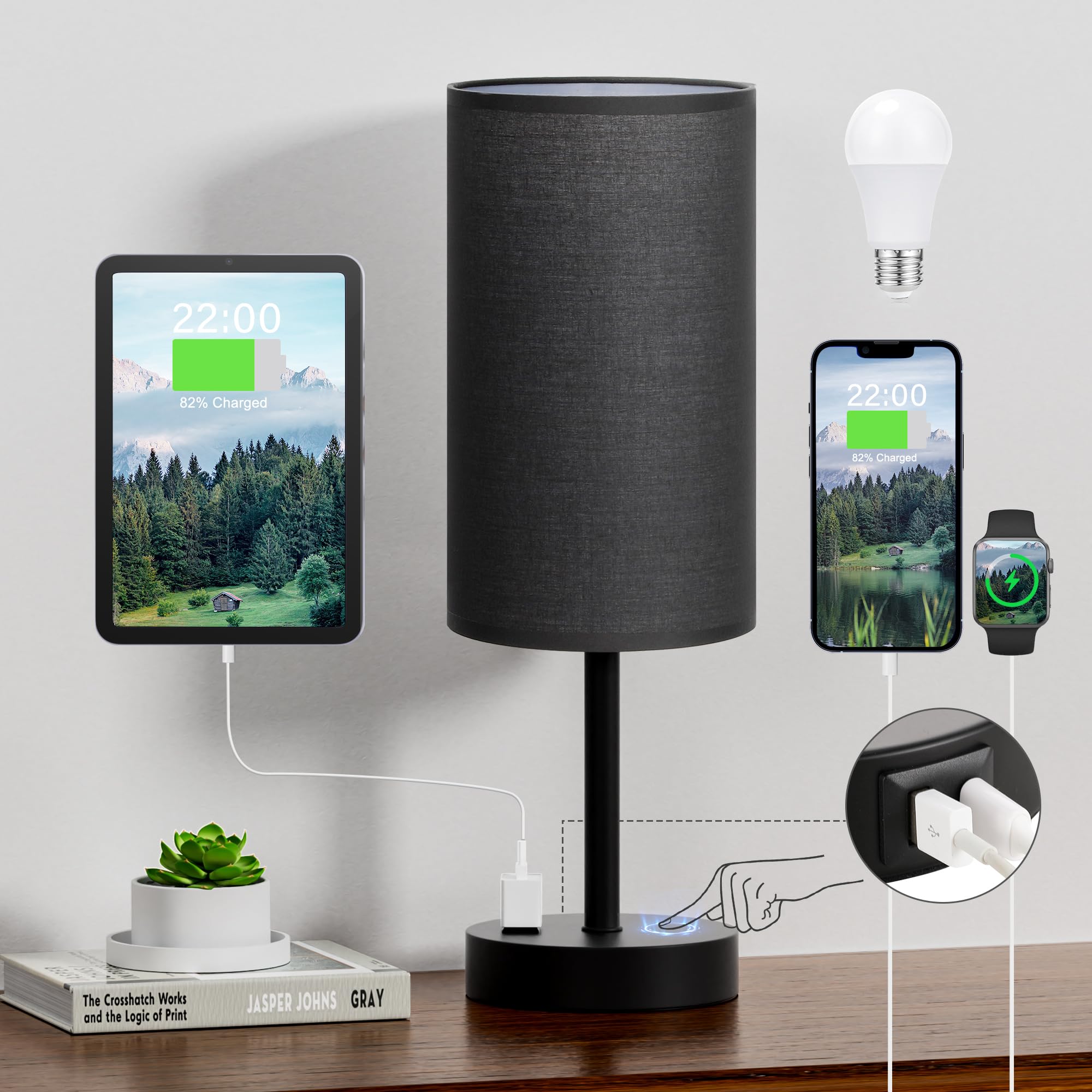 Fenmzee Touch Nightstand Lamp bedroom setup shows versatile illumination and charging