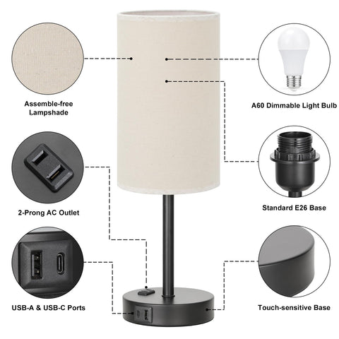 Fenmzee Touch Table Lamp includes an AC outlet for nearby device power.