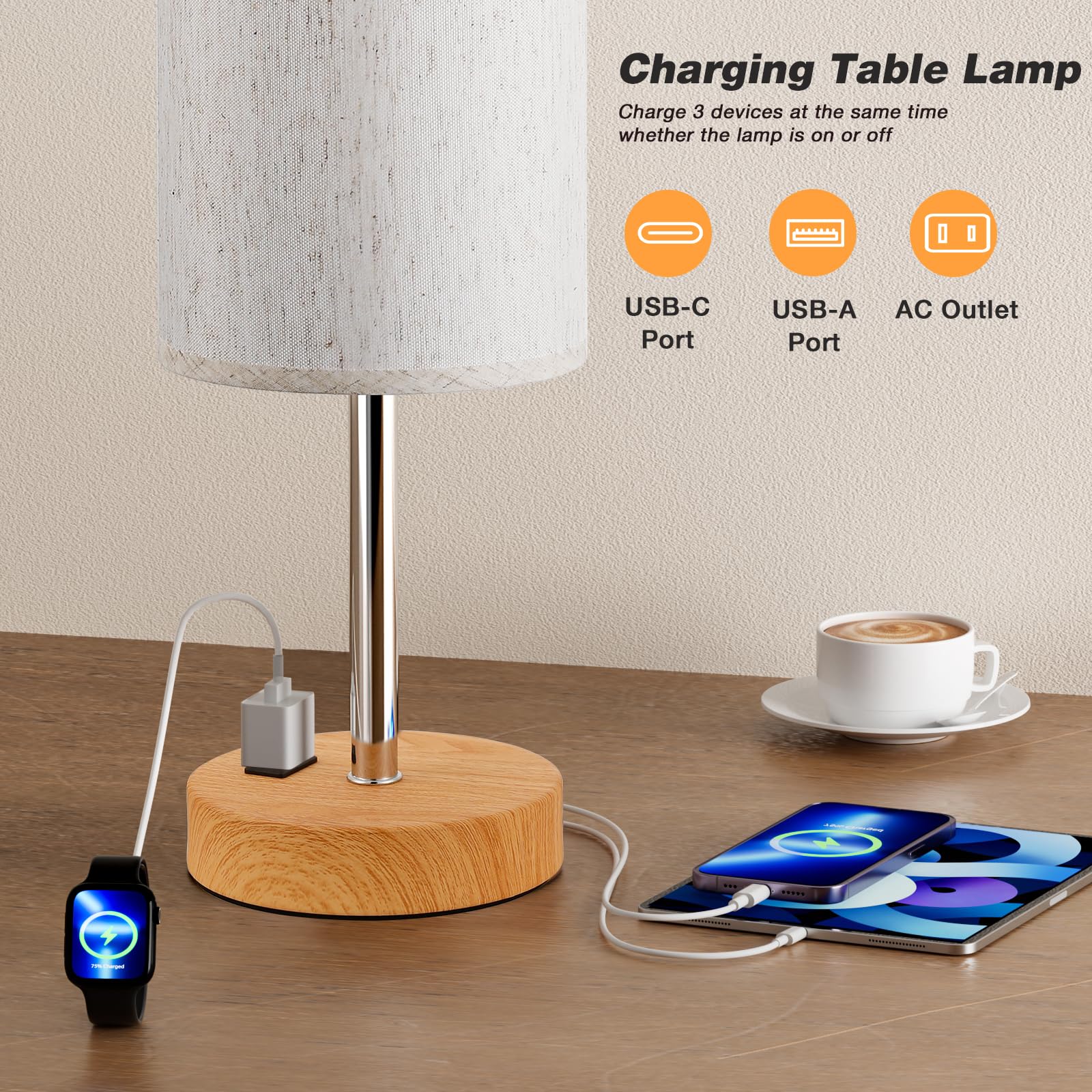 Fenmzee lamp USB-C port enables fast charging for devices.
