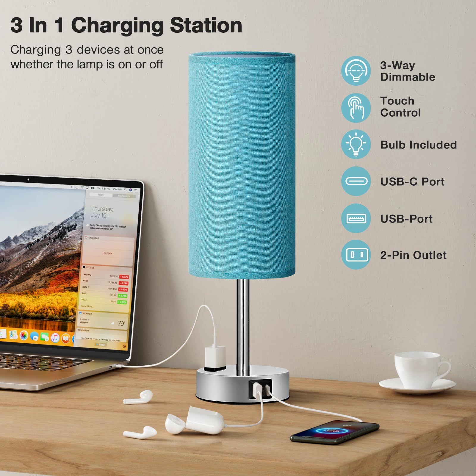 Fenmzee turquoise nightstand lamp touch-control enables easy 3-level dimming.