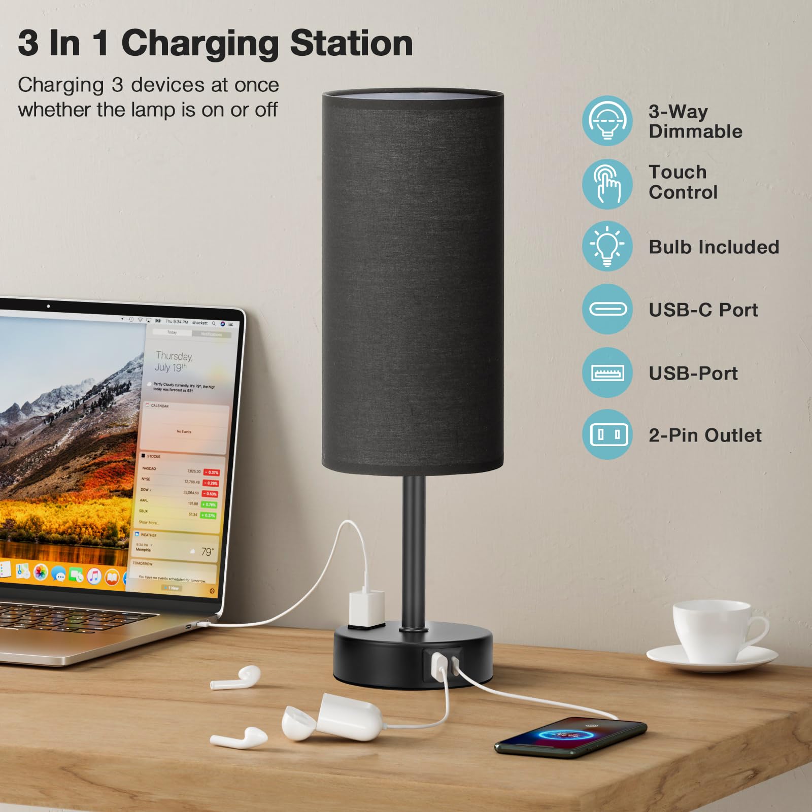Fenmzee USB-C port and outlet for convenient device charging.