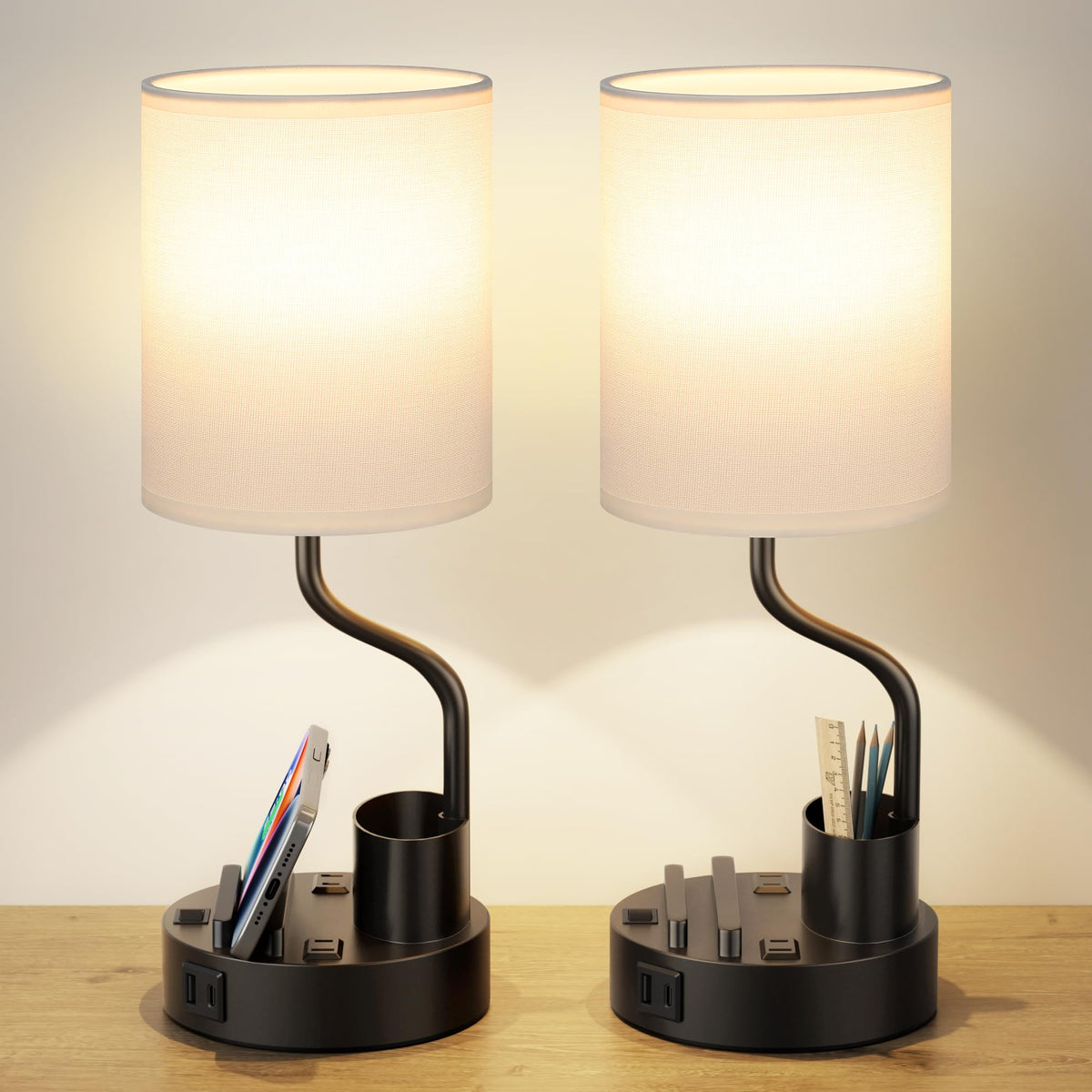 Fenmzee white bedside lamp pair with USB charging for convenient power access