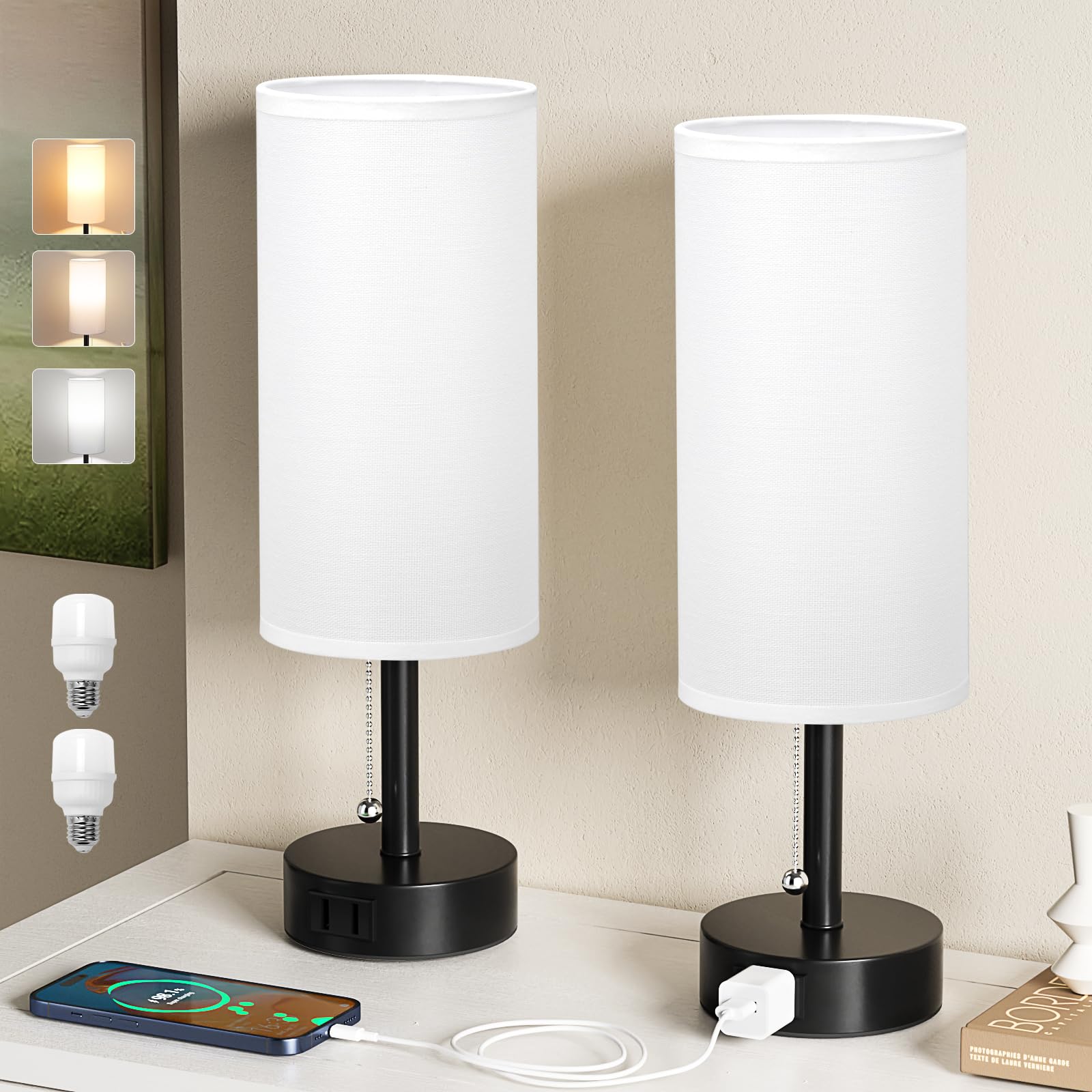 Fenmzee white bedside lamps set with round shades for compact nightstands and cozy lighting.