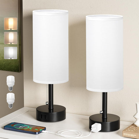 Fenmzee white bedside lamps set with round shades for compact nightstands and cozy lighting.